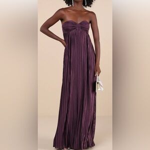 Lulus Whimsical Beauty Dark Purple Satin Plisse Strapless Maxi Dress